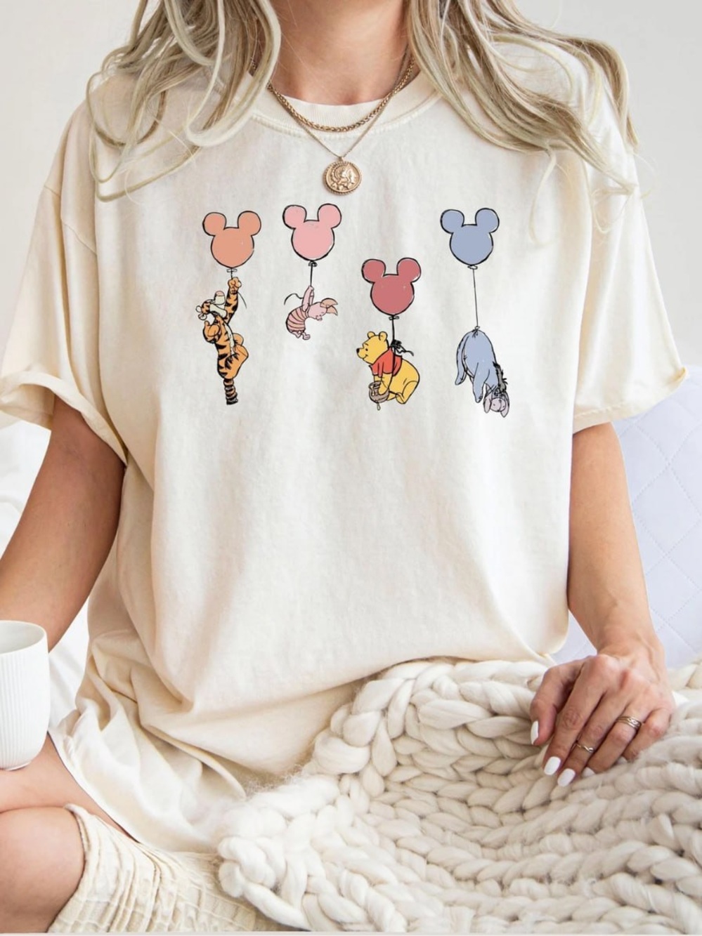 Off White Short Sleeve Graphic Tee with Pastel Character Balloons